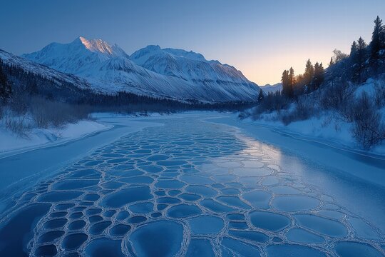 Frozen river with unique ice formations under a sunset in a mountainous landscape