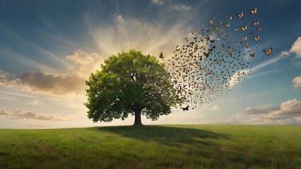 A lone tree in a tranquil field, its leaves turning into butterflies that are gently carried by the wind. The artwork highlights the power of letting go, healing, and embracing new beginnings.

