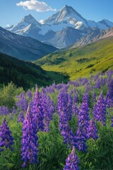 Obraz premium Vibrant purple lupines bloom in a stunning mountain valley under a clear blue sky