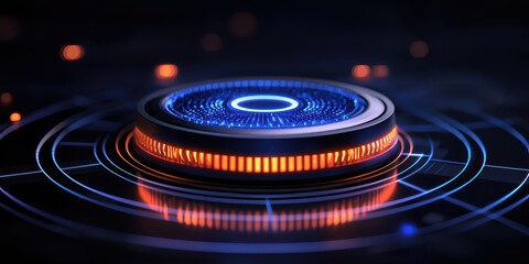 Futuristic glowing interface element with circular patterns in a dark environment.