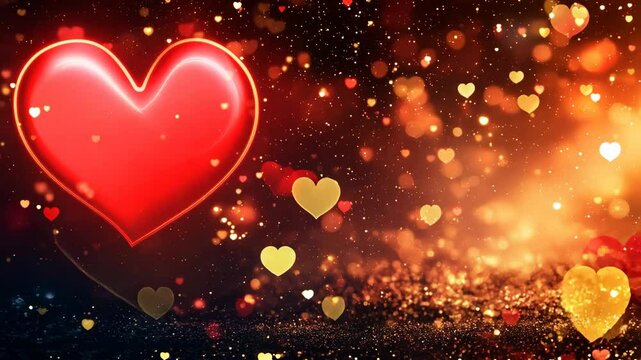 Romantic Valentine Day-themed image featuring a large glowing red heart surrounded by golden sparkles and floating heart shapes on a dark background.