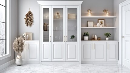 Entrance hall showcases white cabinetry with elegant lighting and decorative plants in a spacious modern layout