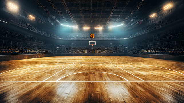 Vacant basketball court in a brightly lit modern indoor sports arena