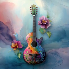 Colorful guitar with vibrant floral designs.