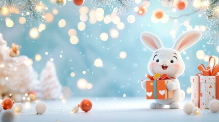 Playful Bunny Character Joyfully Presenting a Gift in a Bright and Festive Easter Scene with Ample Copy Space for Customization and Text Insertion