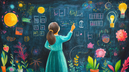 girl in green dress is drawing colorful graphs and charts on chalkboard, surrounded by plants and vibrant illustrations. scene is lively and creative, showcasing her artistic expression