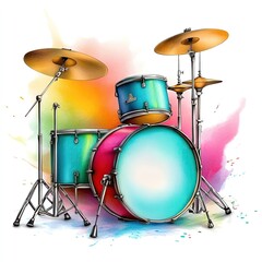 Colorful drum set with artistic background.
