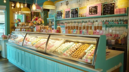 Fototapeta premium A cozy and colorful ice cream shop interior featuring a well-lit display case filled with various gelato flavors, waffle cones, and vibrant signage.