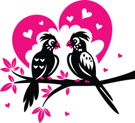 vector illustration of two lovebirds perched on a branch, with a heart-shaped background