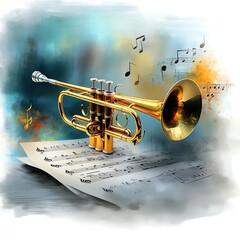 Golden trumpet with musical notes on sheet.