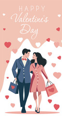 Valentine's Day, Family Day. Couple in love, man and woman walking together with gifts. Vector illustration with space for text. For love sites, invitations, dating apps, posters, banners