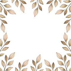 Square watercolor frame for your design with brown abstract twigs.Autumnal frame with watercolor leaves. Fall season background. Greeting card or invitation