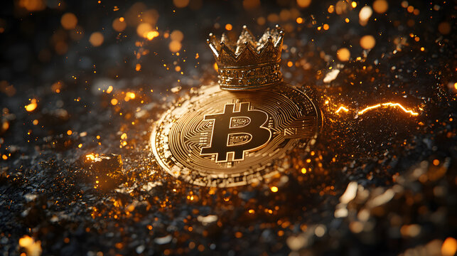 Golden Bitcoin Coin with Crown on Abstract Background