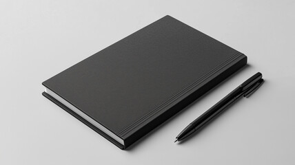 A blank notebook mockup lying flat on a light gray surface, accompanied by a sleek black pen diagonally placed, minimalist and professional