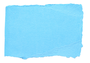 Isolated cut out torn piece of blank blue paper note cardboard with texture and copy space for text, transparent png background design element