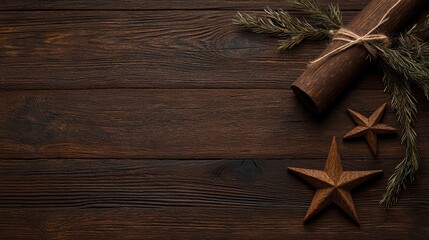 Rustic holiday decor featuring wooden stars, pine branches, and rolled paper gift.