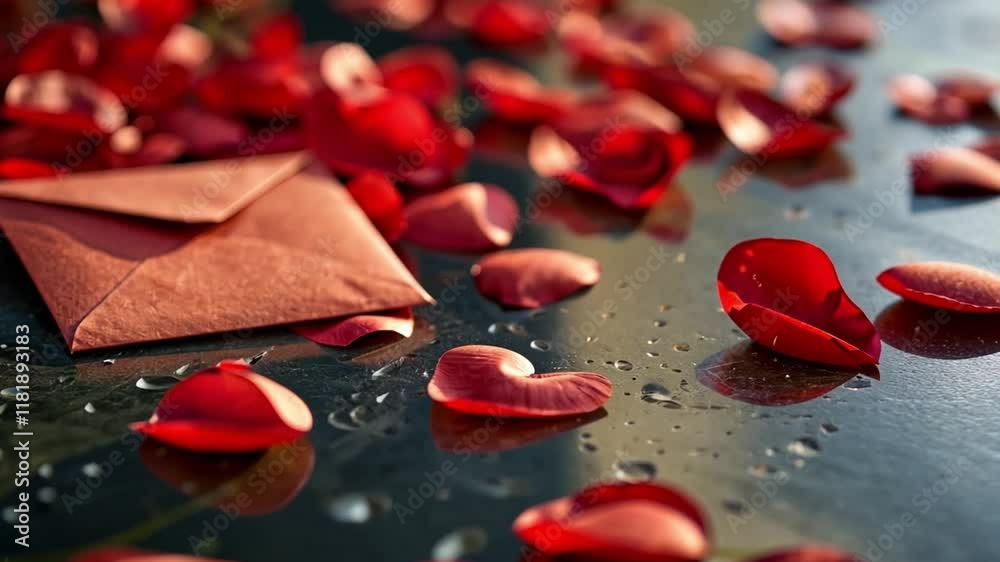 Aufkleber A captivating arrangement features vibrant red rose petals scattered around a brown envelope resting on a wet surface, creating an intimate and romantic atmosphere.