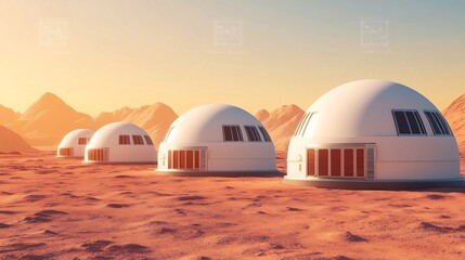 A Futuristic Corporate Colony on the Martian Landscape with Domed Habitats and Rovers