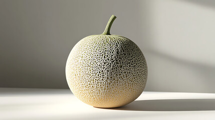 A single cantaloupe melon with a textured surface, illuminated by soft light.
