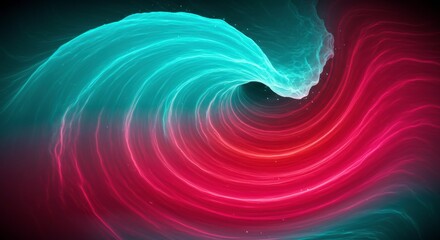 Abstract Neon Vortex: A mesmerizing swirl of vibrant teal and crimson neon light creates a dynamic, hypnotic vortex, perfect for backgrounds, design, and technology concepts.