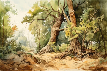 a picturesque forest landscape made in watercolor technique. In the foreground are two large old trees with curved trunks and a dense crown.  