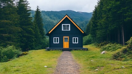 Cozy Wooden Cottage Nestled in the Lush Green Forest with a Welcoming Entrance