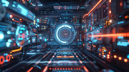 Fototapeta premium Futuristic Virtual Reality Digital Interface Illustration with Neon Lights and Technology Elements in a Sci-Fi Style