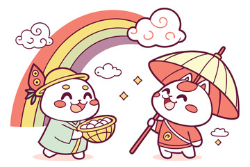 Cartoon Japanese deities, colorful chibi gods, cute Shinto kami, playful mythological characters, whimsical divine beings, kawaii spiritual figures, traditional Japanese folklore, adorable cultural ic