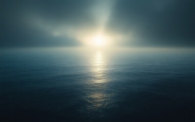 Obraz premium Sunbeam piercing through dark clouds over calm ocean.