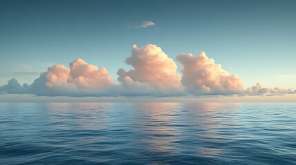 Pink clouds reflected in calm ocean at sunset.