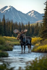 Majestic moose wading through a serene stream in the mountains during golden hour