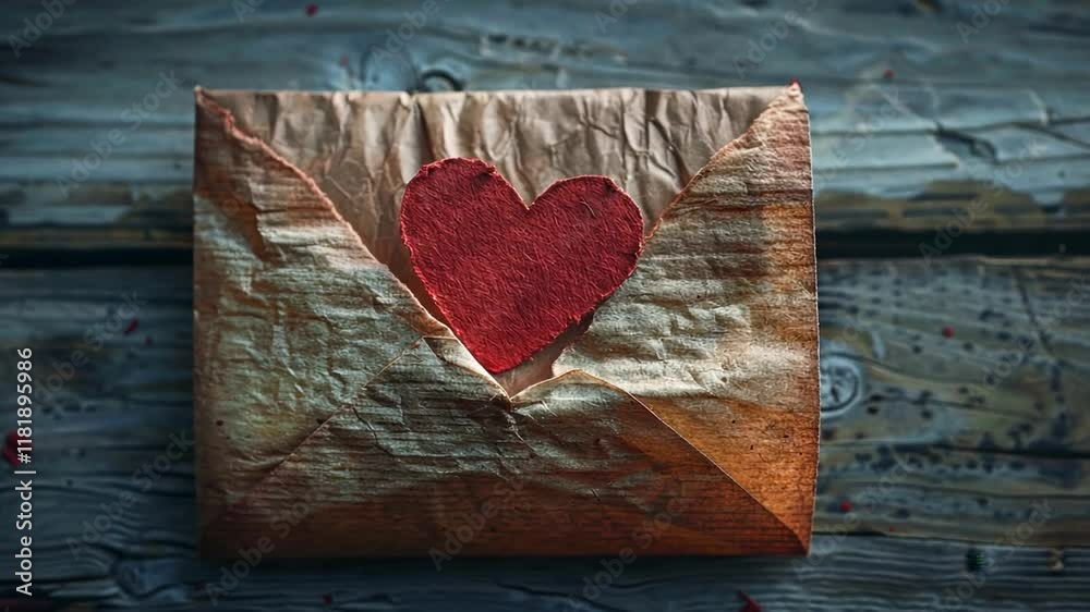Poster a beautifully crafted envelope with a red heart inside rests gently on a rustic wooden table. the wa