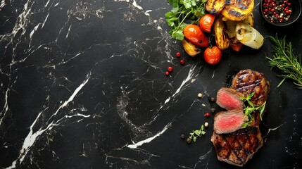 High-resolution top view of a black marble table with a perfectly cooked grilled steak, garnished with fresh herbs, and a side of roasted vegetables