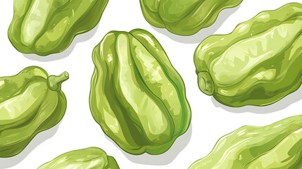 A collection of green chayote vegetables arranged on a white background.