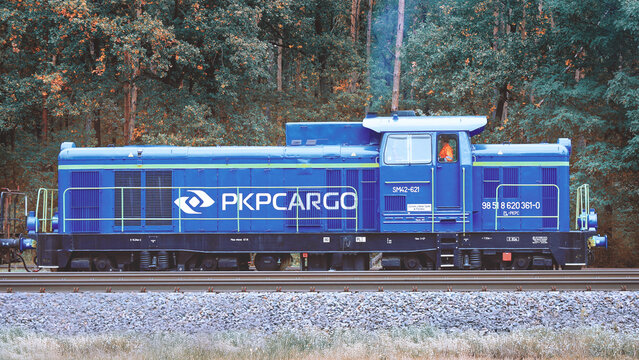 Porazyn, Poland - October 11, 2024. PKP Cargo logo on a class SM42 Polish locomotive.