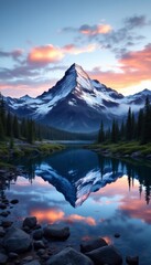 Fototapeta premium Tranquil Mountain Reflection at Sunset with Pink Clouds and Evergreen Trees