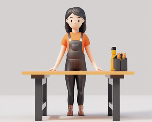 Obraz premium Cartoon Illustration of a Woman in Overalls at a Table with Bottles, Perfect for Business and Lifestyle Concepts