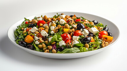Mediterranean salad with olives, feta cheese, and veggies on white 