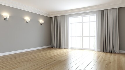 Obraz premium Spacious room features sleek gray walls and smooth wooden flooring, enhanced by warm ceiling lights, showcasing a minimalist design