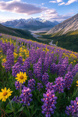 Obraz premium Vibrant wildflowers bloom in a valley beneath majestic mountains during golden hour