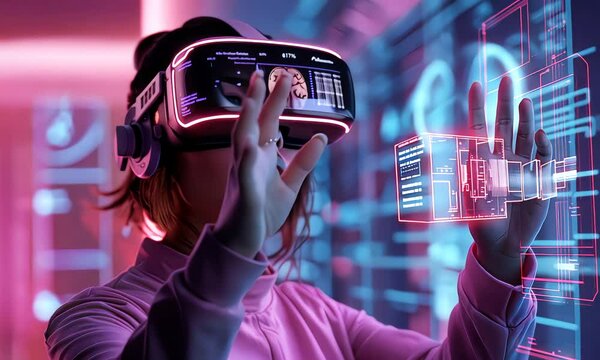 Woman in VR headset exploring futuristic digital world