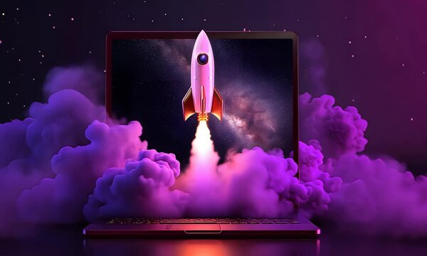 Rocket launching into space with colorful clouds