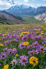 Obraz premium Colorful wildflowers bloom in a breathtaking mountainous landscape during summer