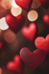 Red hearts hanging, blurred bokeh background, romantic decoration, celebration