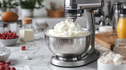 A modern stainless-steel cream mixer in action, whipping fluffy cream in a glass bowl, surrounded by cake ingredients on a clean marble countertop.