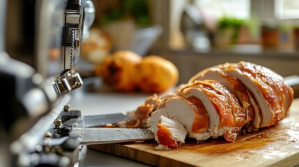 Obraz premium A side view of a meat slicer with a focus on its blade and adjustment knobs, showcasing freshly sliced chicken on a wooden cutting board nearby.