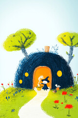 A witch brews a bubbling potion in her forest hut, surrounded by magical artifacts and glowing lights
