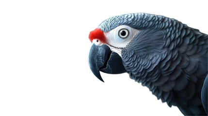 Fototapeta premium Detailed close-up of a vibrant gray parrot with striking features. transparent background