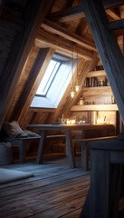 Naklejka premium Cozy attic room with wooden beams, a rustic table, and soft lighting creating a tranquil atmosphere. Perfect for relaxation and peaceful moments.