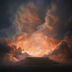 podium on Dramatic cloudscape with swirling smoke, fire, and pollution against a dark, stormy sky background